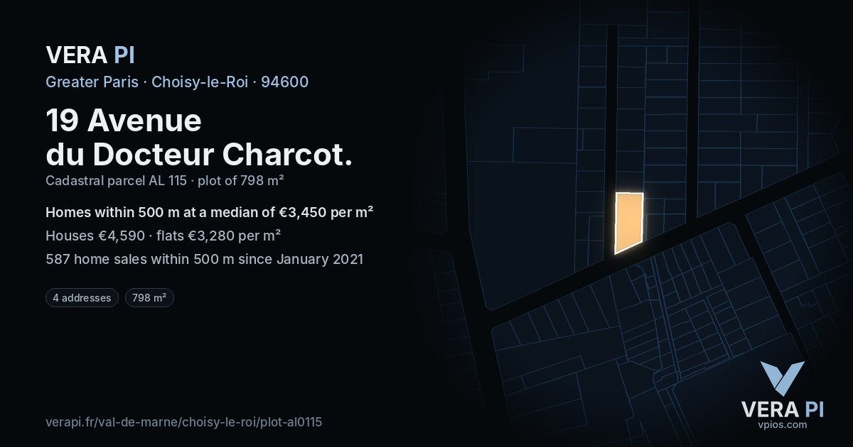 19 Avenue du Docteur Charcot, Choisy-le-Roi at night – the plot lit, the parcels around coloured by the prices near them