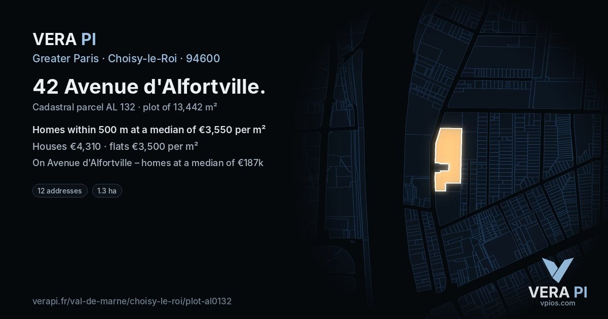 42 Avenue d'Alfortville, Choisy-le-Roi at night – the plot lit, the parcels around coloured by the prices near them