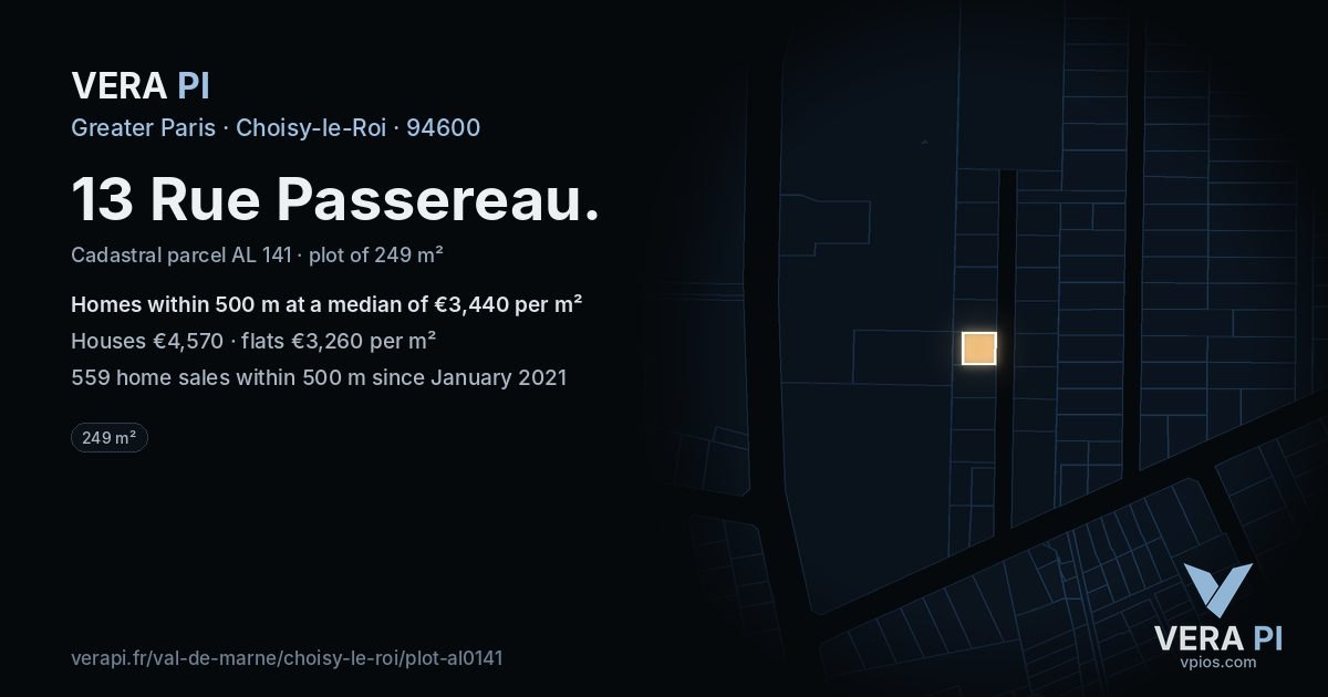13 Rue Passereau, Choisy-le-Roi at night – the plot lit, the parcels around coloured by the prices near them