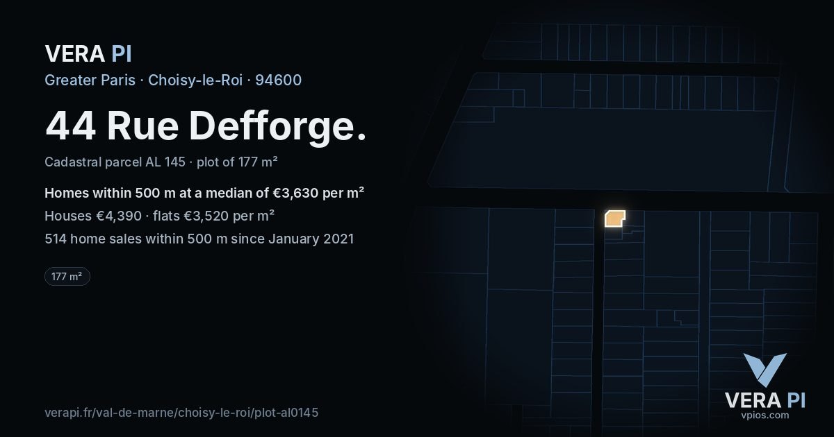 44 Rue Defforge, Choisy-le-Roi at night – the plot lit, the parcels around coloured by the prices near them