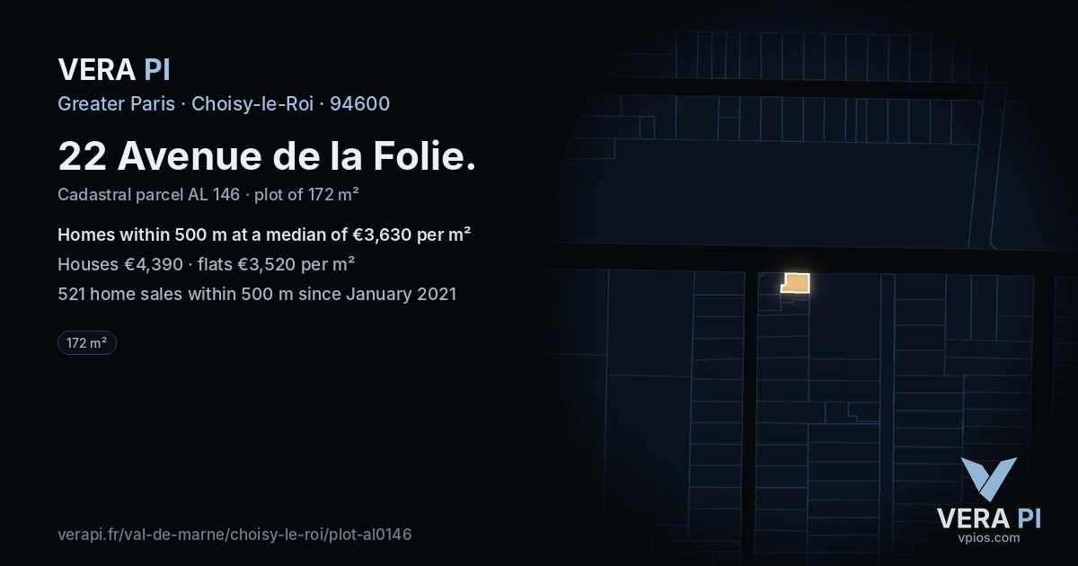 22 Avenue de la Folie, Choisy-le-Roi at night – the plot lit, the parcels around coloured by the prices near them