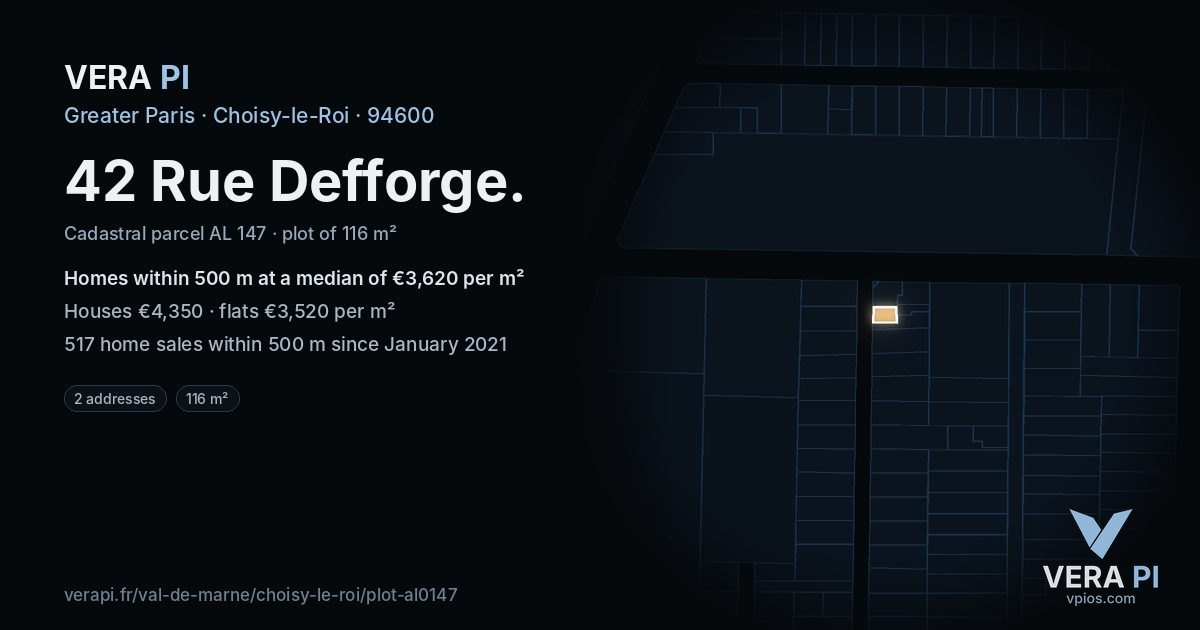 42 Rue Defforge, Choisy-le-Roi at night – the plot lit, the parcels around coloured by the prices near them