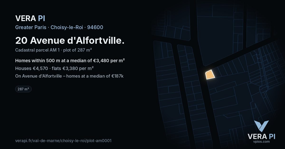 20 Avenue d'Alfortville, Choisy-le-Roi at night – the plot lit, the parcels around coloured by the prices near them