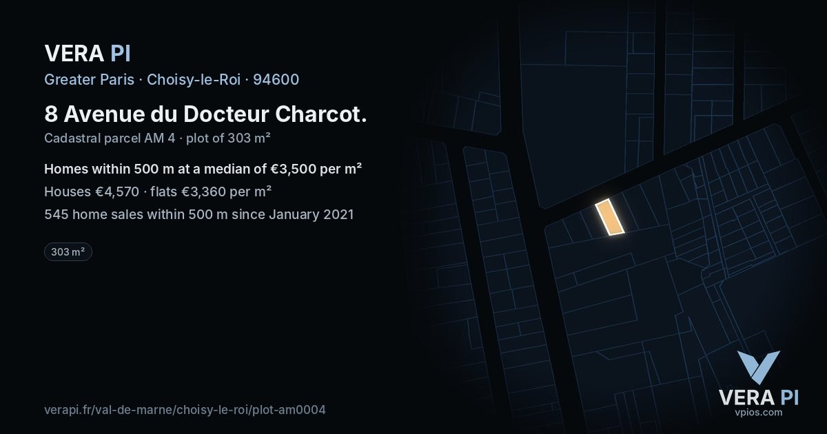 8 Avenue du Docteur Charcot, Choisy-le-Roi at night – the plot lit, the parcels around coloured by the prices near them