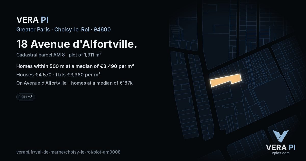 18 Avenue d'Alfortville, Choisy-le-Roi at night – the plot lit, the parcels around coloured by the prices near them