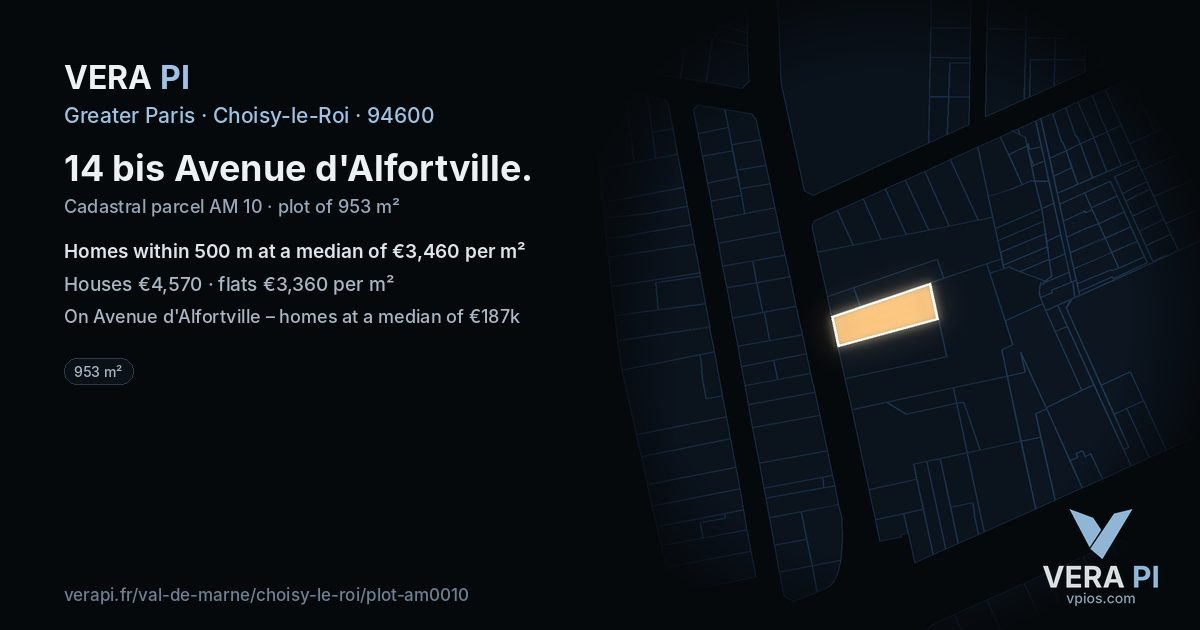 14 bis Avenue d'Alfortville, Choisy-le-Roi at night – the plot lit, the parcels around coloured by the prices near them
