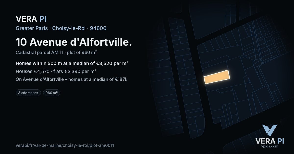 10 Avenue d'Alfortville, Choisy-le-Roi at night – the plot lit, the parcels around coloured by the prices near them