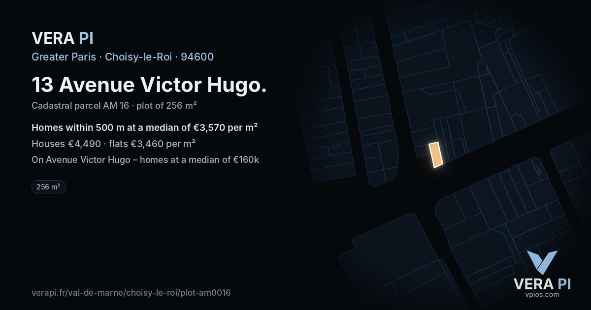 13 Avenue Victor Hugo, Choisy-le-Roi at night – the plot lit, the parcels around coloured by the prices near them