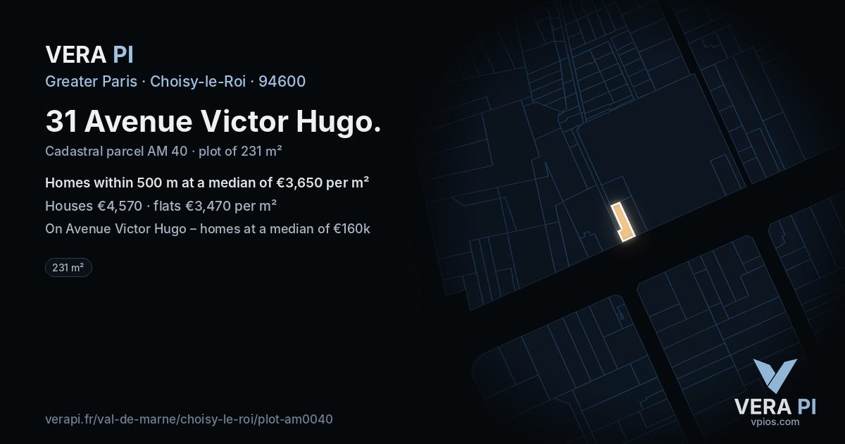 31 Avenue Victor Hugo, Choisy-le-Roi at night – the plot lit, the parcels around coloured by the prices near them