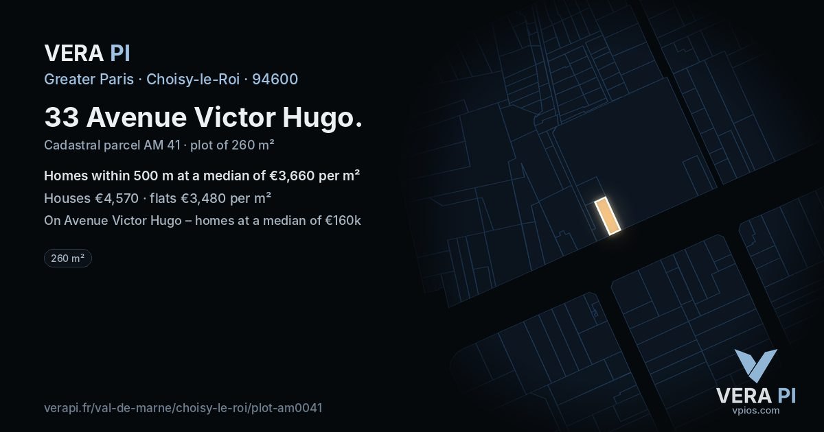 33 Avenue Victor Hugo, Choisy-le-Roi at night – the plot lit, the parcels around coloured by the prices near them