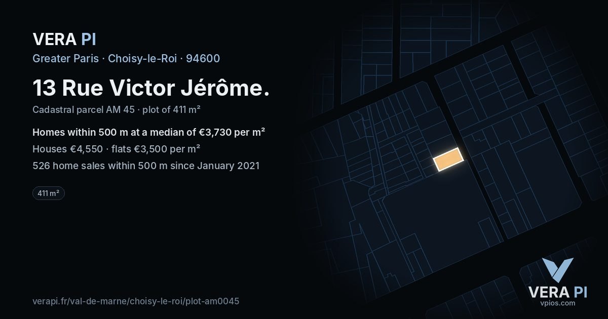 13 Rue Victor Jérôme, Choisy-le-Roi at night – the plot lit, the parcels around coloured by the prices near them