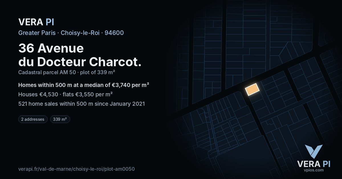 36 Avenue du Docteur Charcot, Choisy-le-Roi at night – the plot lit, the parcels around coloured by the prices near them