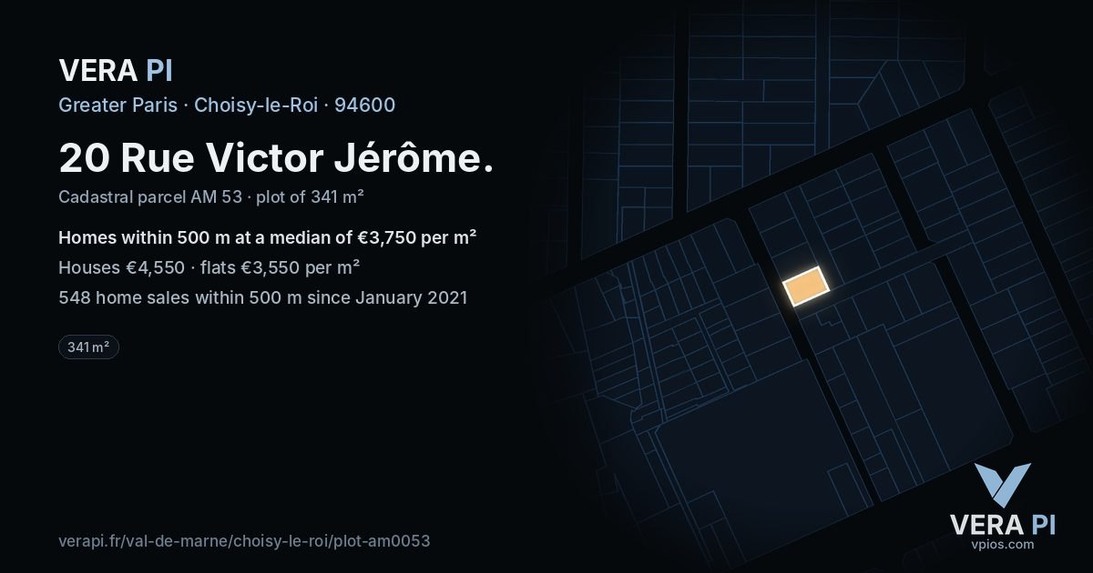 20 Rue Victor Jérôme, Choisy-le-Roi at night – the plot lit, the parcels around coloured by the prices near them