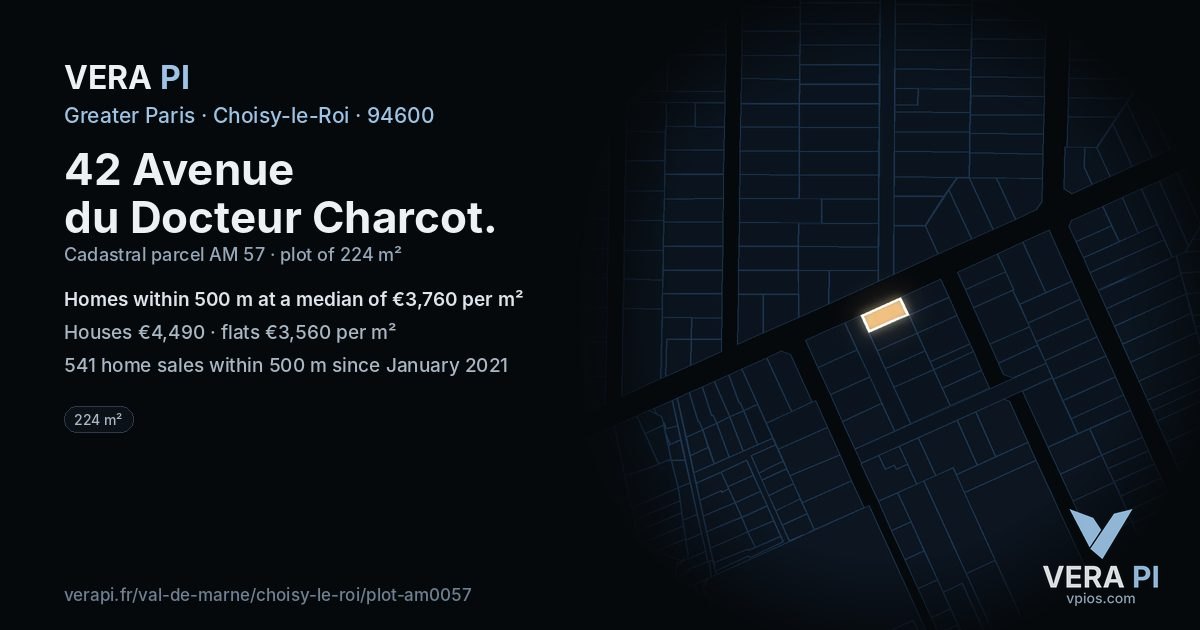 42 Avenue du Docteur Charcot, Choisy-le-Roi at night – the plot lit, the parcels around coloured by the prices near them