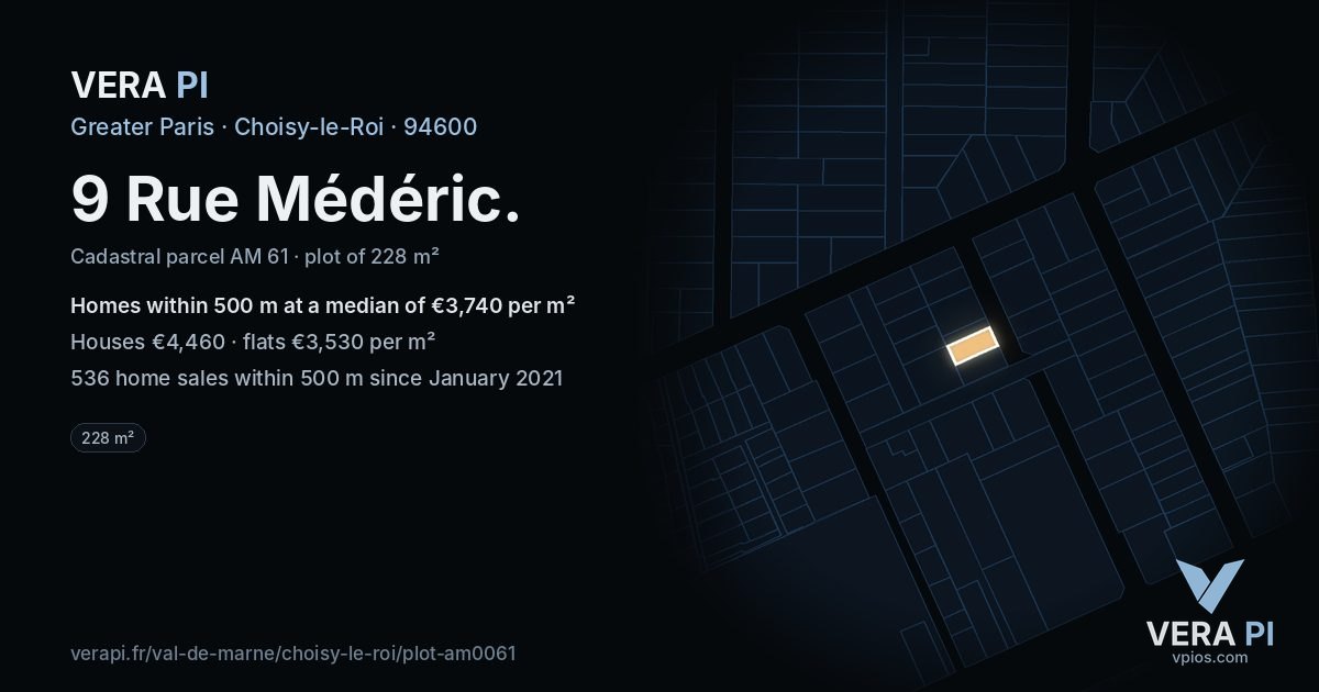 9 Rue Médéric, Choisy-le-Roi at night – the plot lit, the parcels around coloured by the prices near them