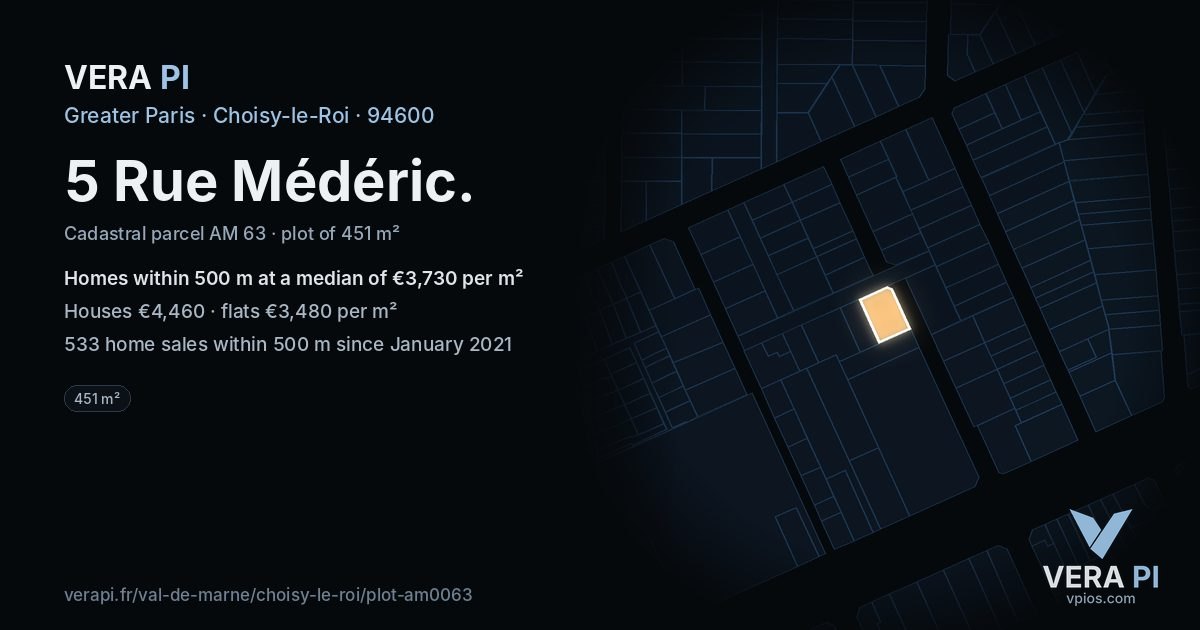 5 Rue Médéric, Choisy-le-Roi at night – the plot lit, the parcels around coloured by the prices near them