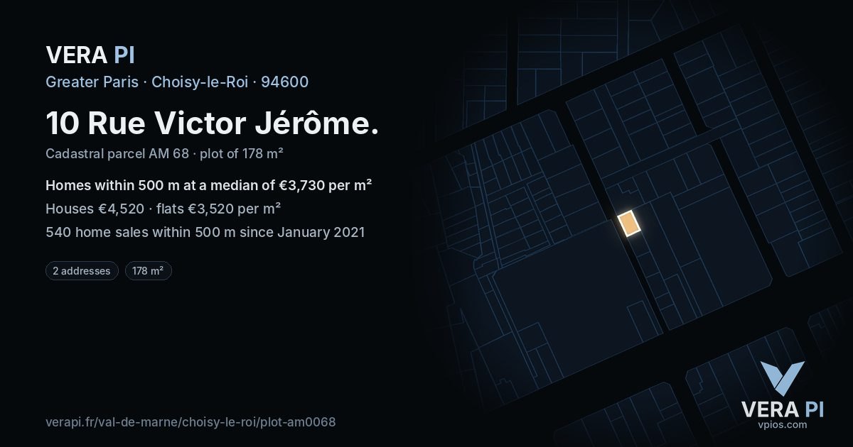 10 Rue Victor Jérôme, Choisy-le-Roi at night – the plot lit, the parcels around coloured by the prices near them