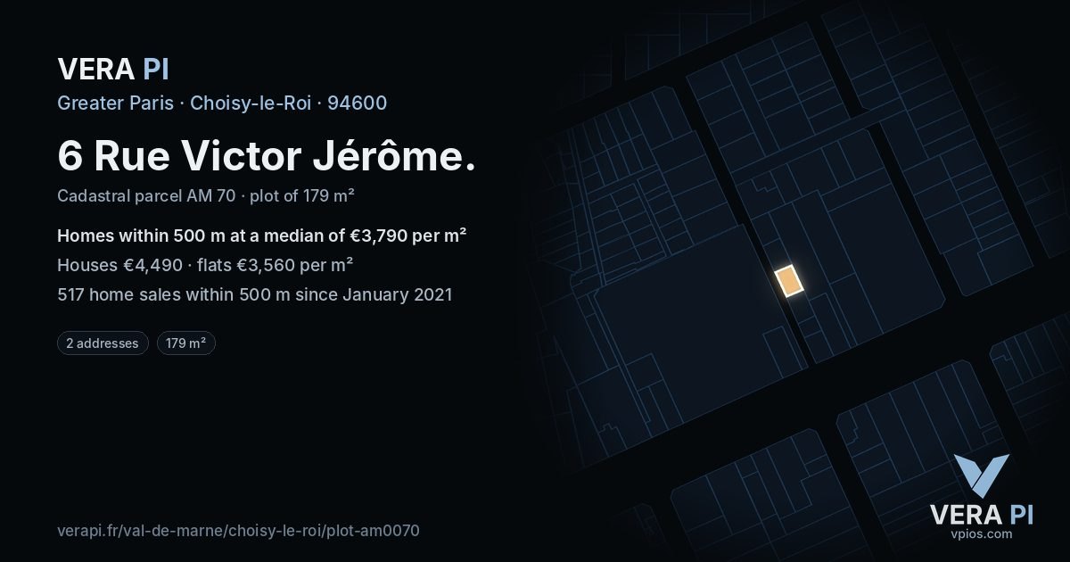 6 Rue Victor Jérôme, Choisy-le-Roi at night – the plot lit, the parcels around coloured by the prices near them