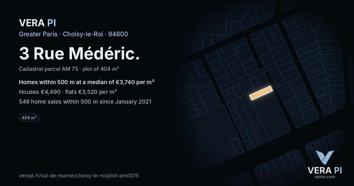 3 Rue Médéric, Choisy-le-Roi at night – the plot lit, the parcels around coloured by the prices near them