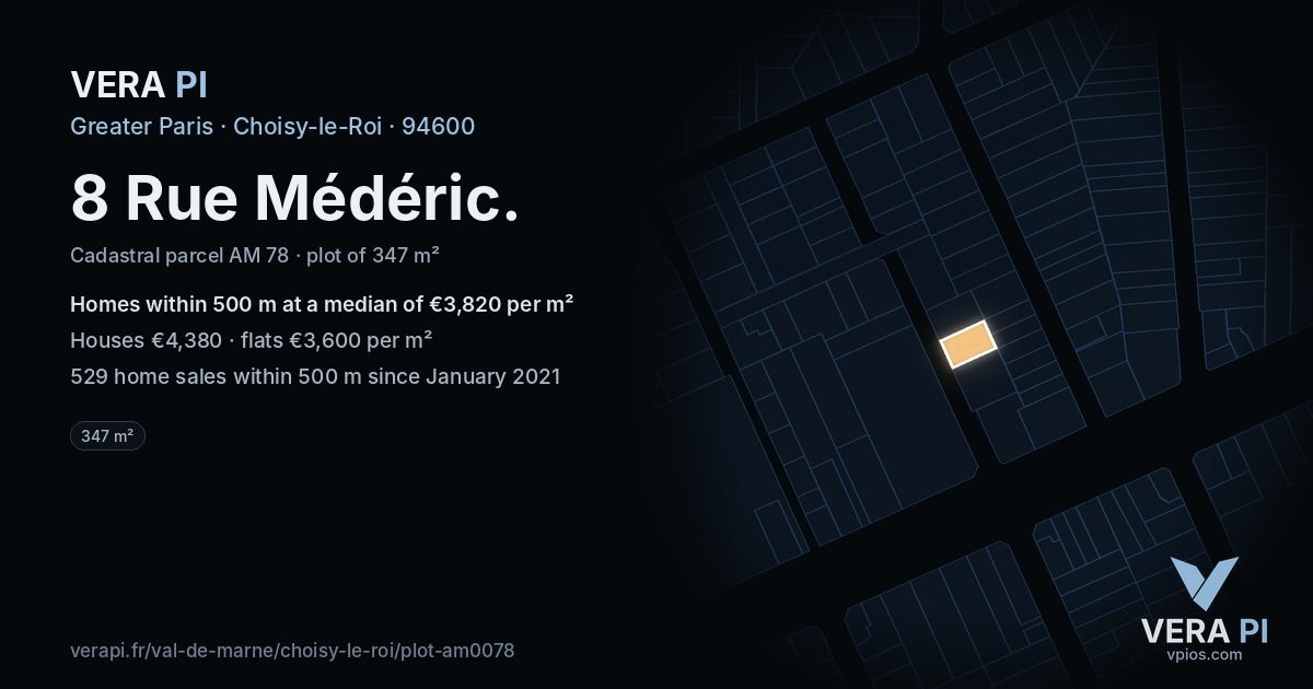 8 Rue Médéric, Choisy-le-Roi at night – the plot lit, the parcels around coloured by the prices near them