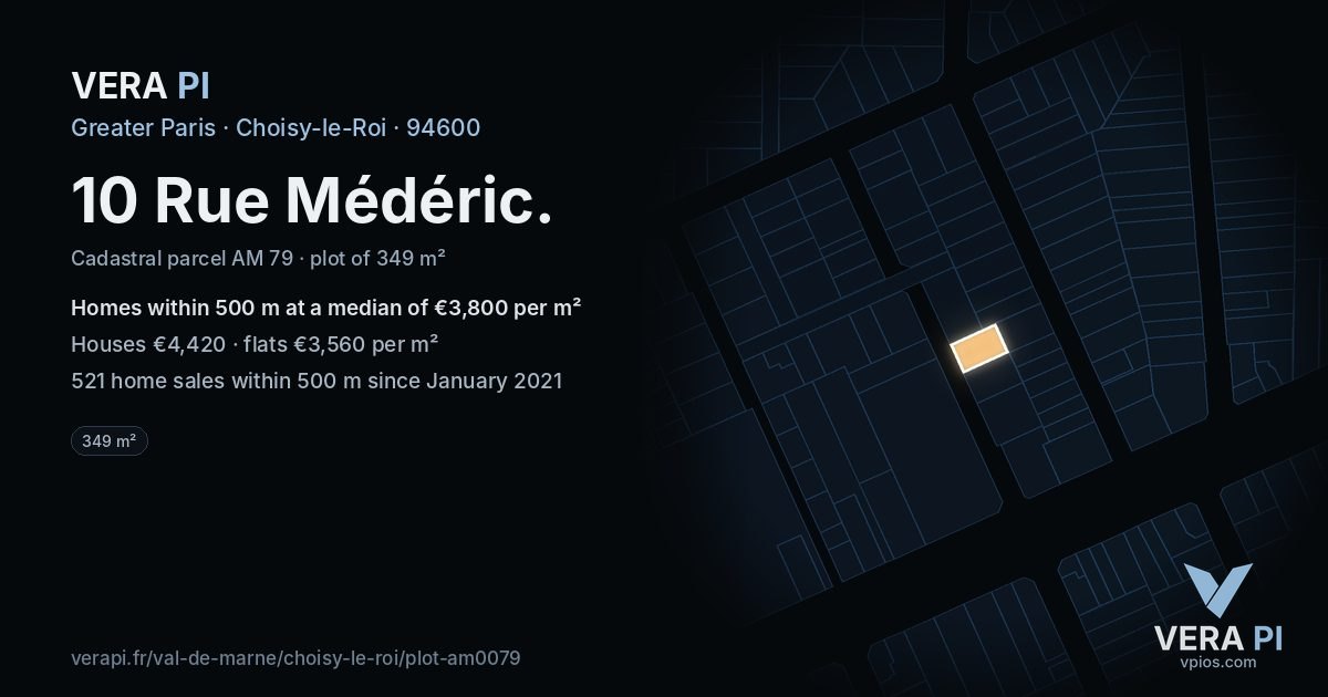 10 Rue Médéric, Choisy-le-Roi at night – the plot lit, the parcels around coloured by the prices near them
