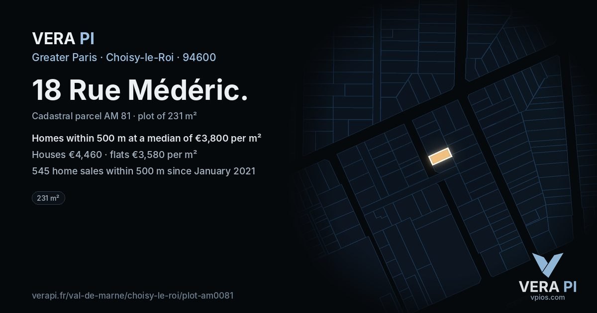 18 Rue Médéric, Choisy-le-Roi at night – the plot lit, the parcels around coloured by the prices near them