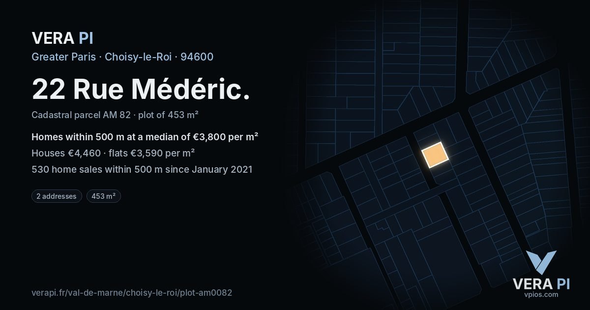 22 Rue Médéric, Choisy-le-Roi at night – the plot lit, the parcels around coloured by the prices near them