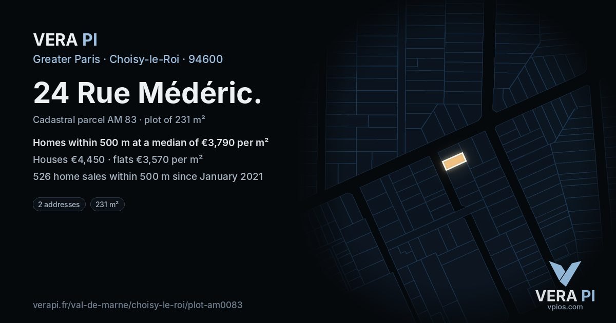 24 Rue Médéric, Choisy-le-Roi at night – the plot lit, the parcels around coloured by the prices near them