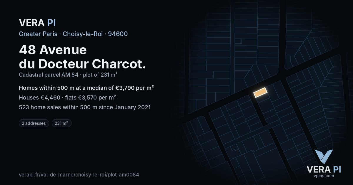48 Avenue du Docteur Charcot, Choisy-le-Roi at night – the plot lit, the parcels around coloured by the prices near them