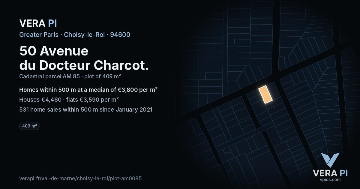 50 Avenue du Docteur Charcot, Choisy-le-Roi at night – the plot lit, the parcels around coloured by the prices near them