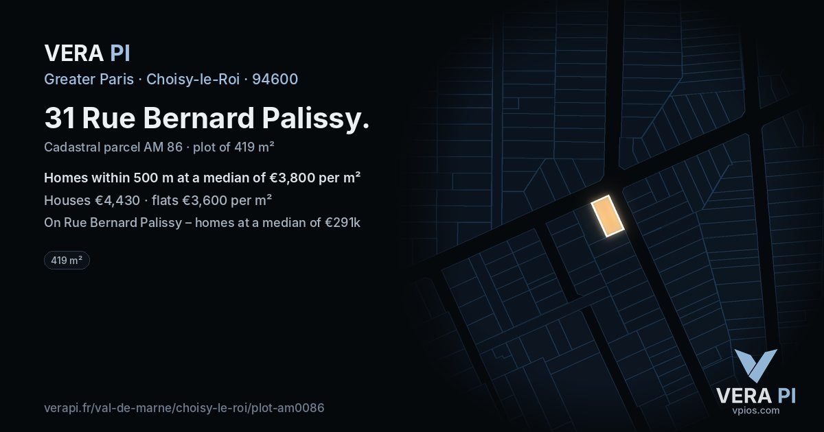31 Rue Bernard Palissy, Choisy-le-Roi at night – the plot lit, the parcels around coloured by the prices near them