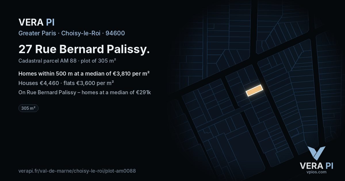 27 Rue Bernard Palissy, Choisy-le-Roi at night – the plot lit, the parcels around coloured by the prices near them