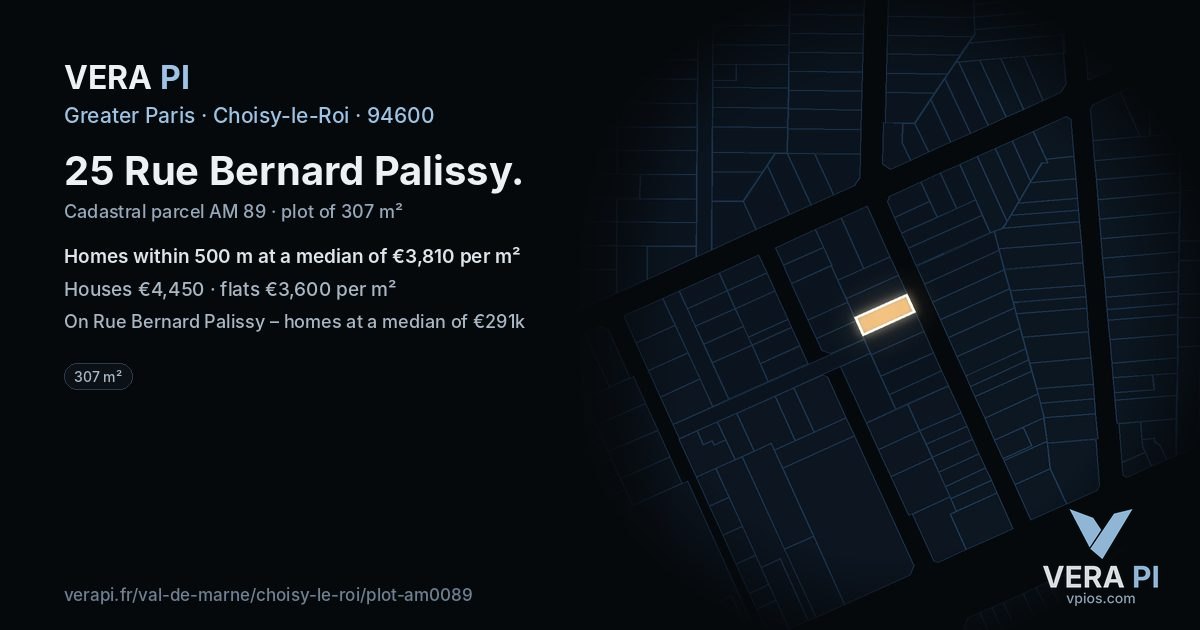 25 Rue Bernard Palissy, Choisy-le-Roi at night – the plot lit, the parcels around coloured by the prices near them