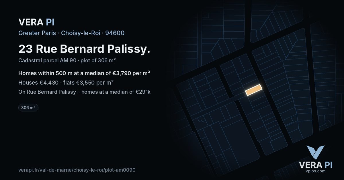 23 Rue Bernard Palissy, Choisy-le-Roi at night – the plot lit, the parcels around coloured by the prices near them