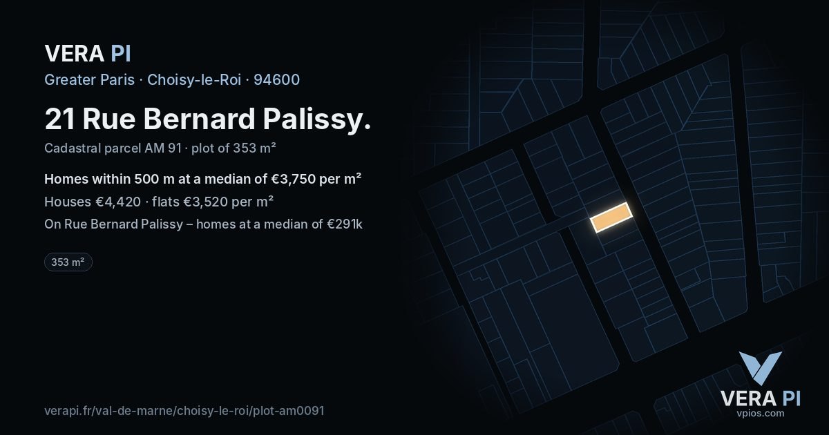 21 Rue Bernard Palissy, Choisy-le-Roi at night – the plot lit, the parcels around coloured by the prices near them