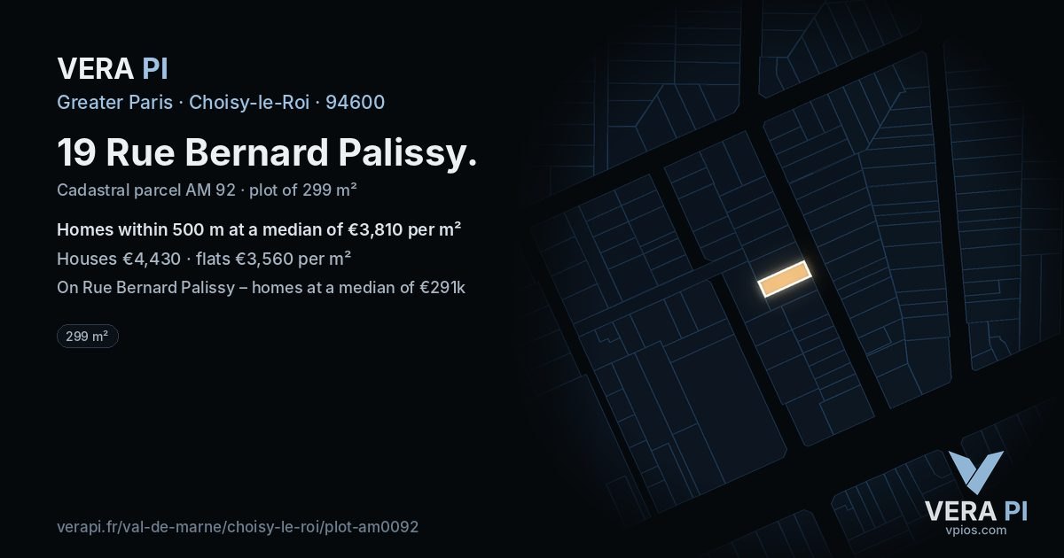 19 Rue Bernard Palissy, Choisy-le-Roi at night – the plot lit, the parcels around coloured by the prices near them