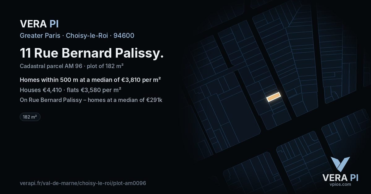 11 Rue Bernard Palissy, Choisy-le-Roi at night – the plot lit, the parcels around coloured by the prices near them
