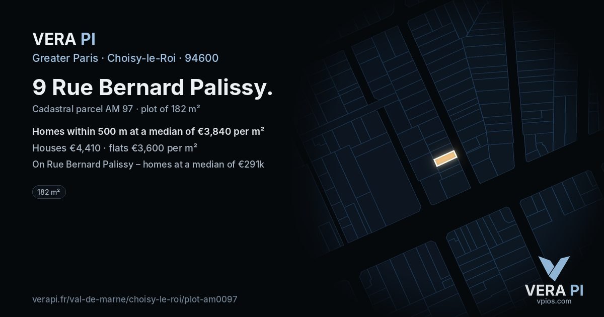 9 Rue Bernard Palissy, Choisy-le-Roi at night – the plot lit, the parcels around coloured by the prices near them