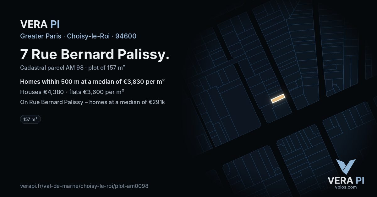 7 Rue Bernard Palissy, Choisy-le-Roi at night – the plot lit, the parcels around coloured by the prices near them