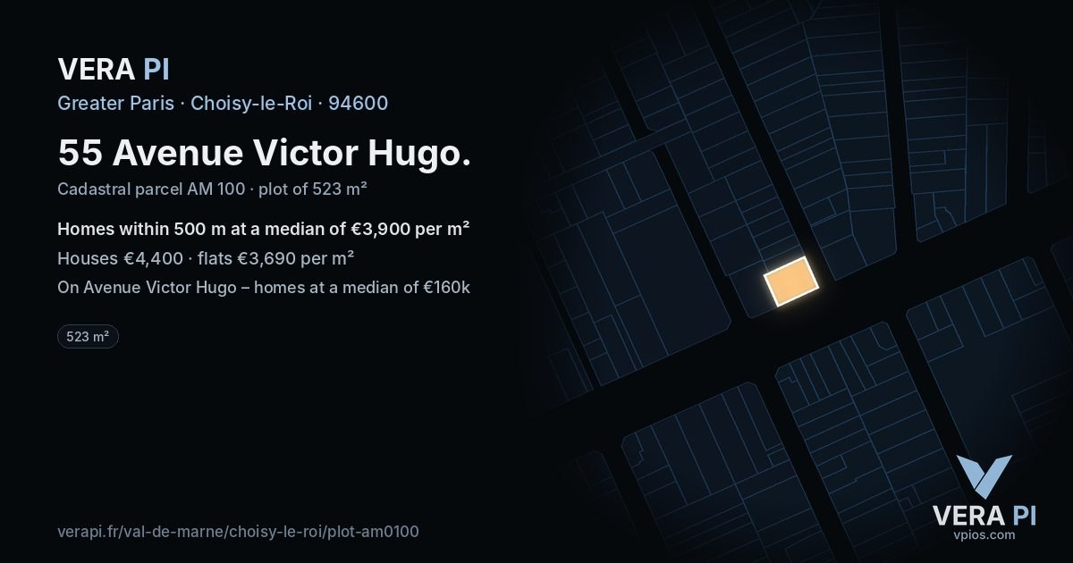 55 Avenue Victor Hugo, Choisy-le-Roi at night – the plot lit, the parcels around coloured by the prices near them
