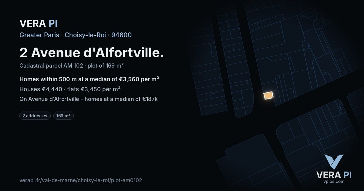 2 Avenue d'Alfortville, Choisy-le-Roi at night – the plot lit, the parcels around coloured by the prices near them