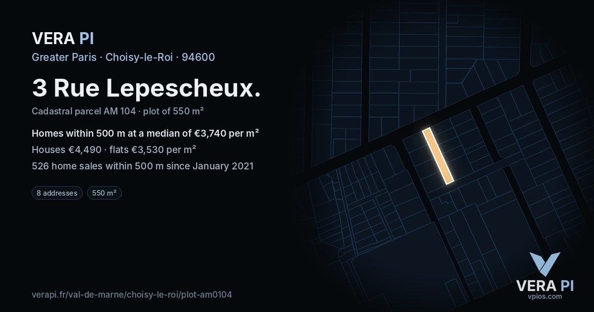 3 Rue Lepescheux, Choisy-le-Roi at night – the plot lit, the parcels around coloured by the prices near them