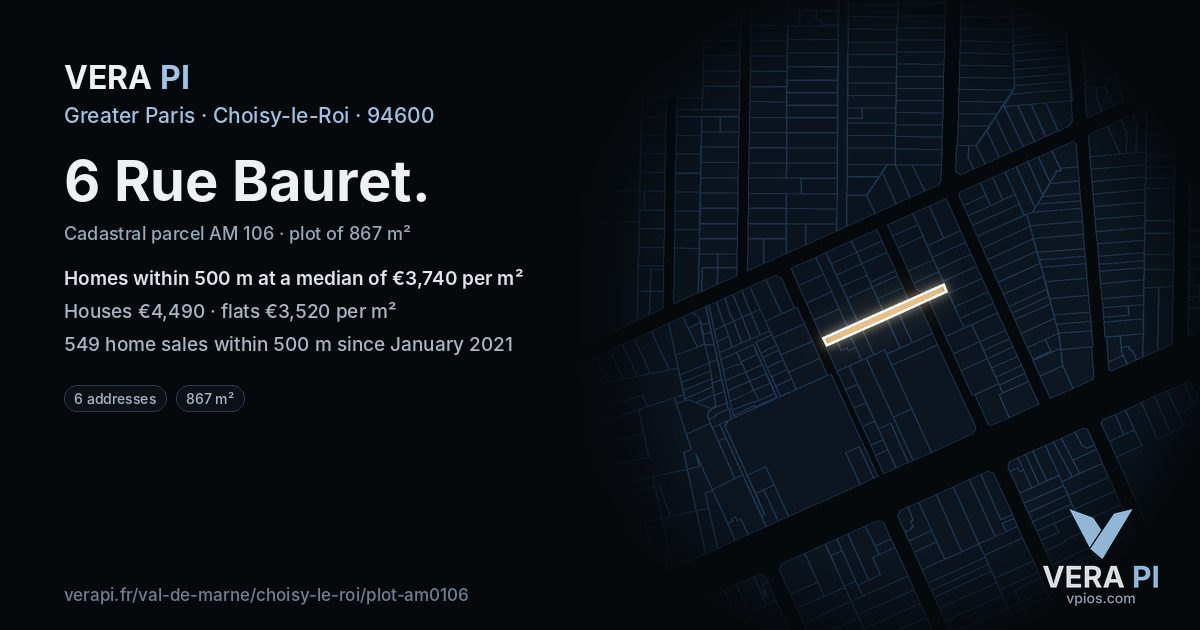 6 Rue Bauret, Choisy-le-Roi at night – the plot lit, the parcels around coloured by the prices near them