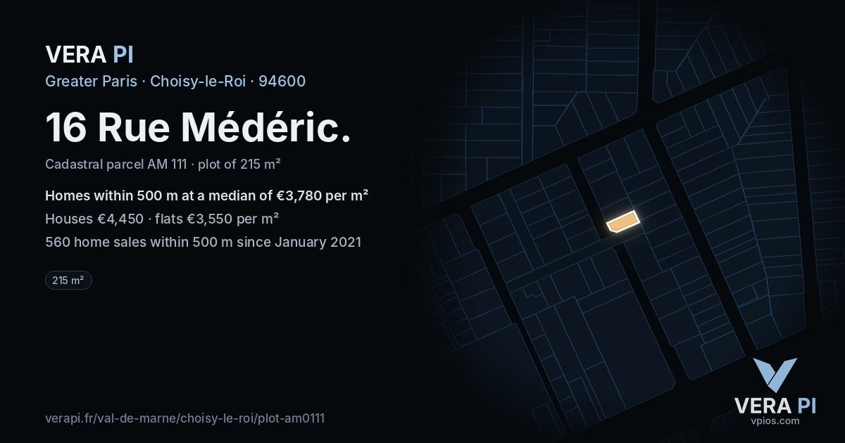 16 Rue Médéric, Choisy-le-Roi at night – the plot lit, the parcels around coloured by the prices near them
