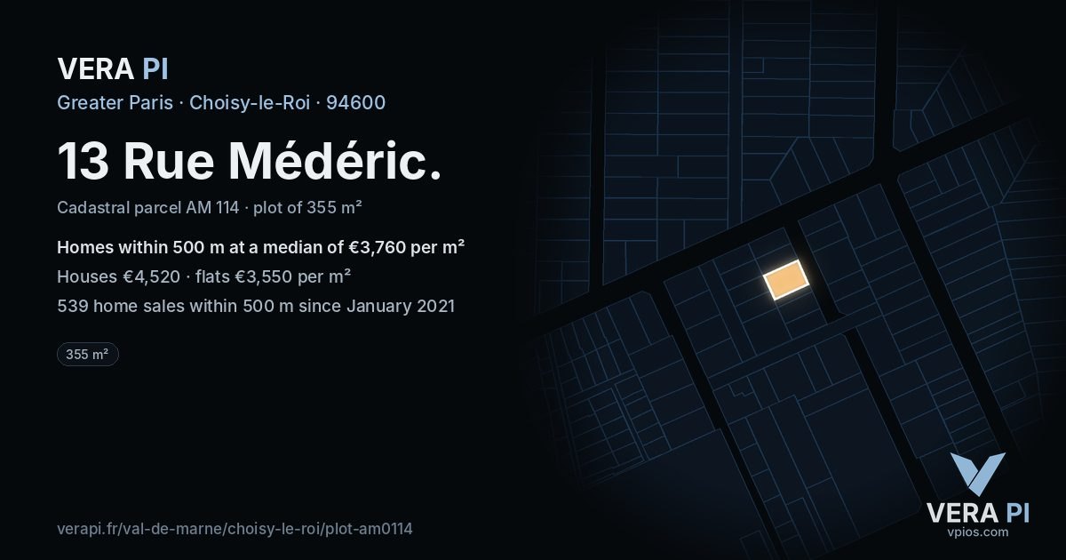 13 Rue Médéric, Choisy-le-Roi at night – the plot lit, the parcels around coloured by the prices near them