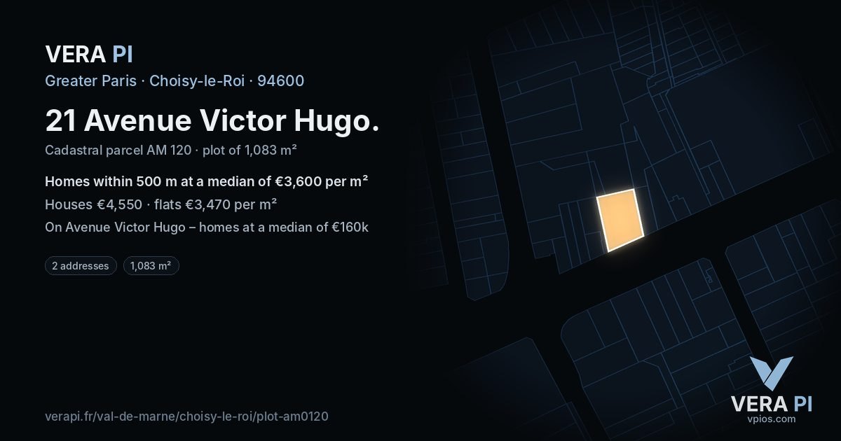 21 Avenue Victor Hugo, Choisy-le-Roi at night – the plot lit, the parcels around coloured by the prices near them