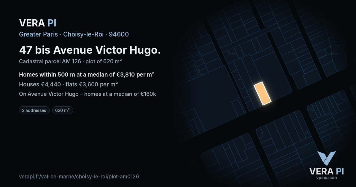 47 bis Avenue Victor Hugo, Choisy-le-Roi at night – the plot lit, the parcels around coloured by the prices near them