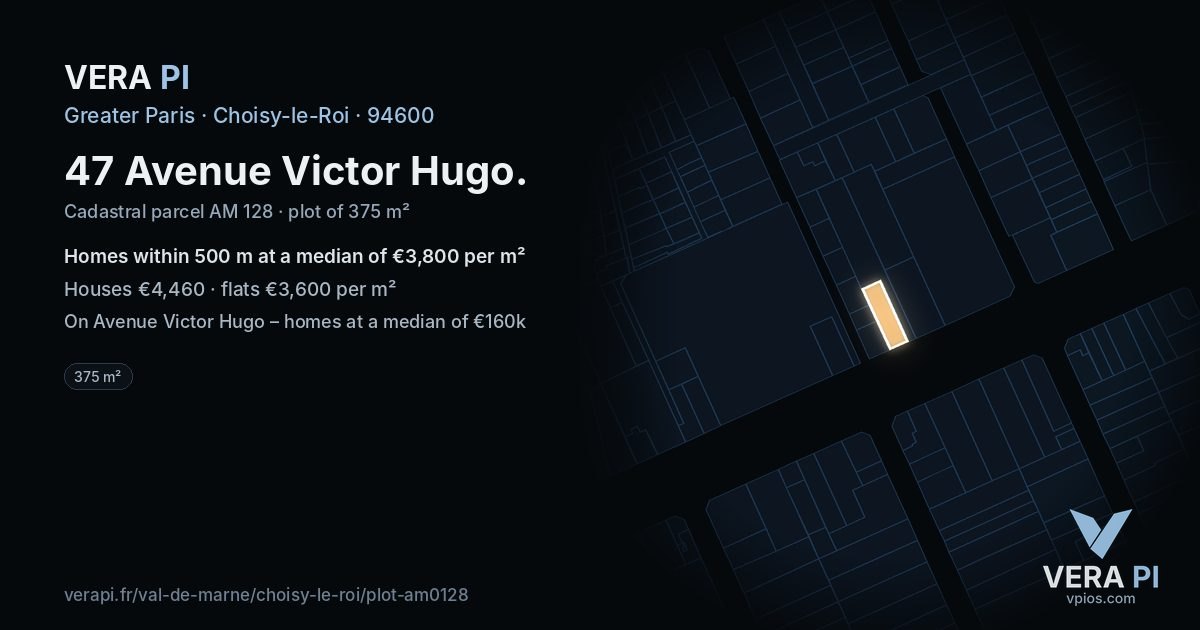 47 Avenue Victor Hugo, Choisy-le-Roi at night – the plot lit, the parcels around coloured by the prices near them