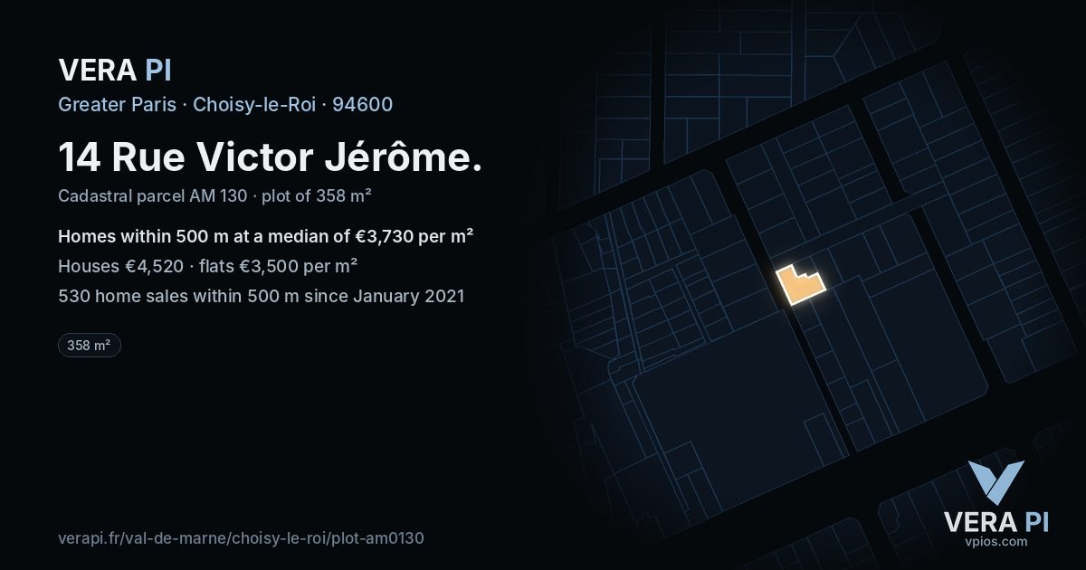 14 Rue Victor Jérôme, Choisy-le-Roi at night – the plot lit, the parcels around coloured by the prices near them