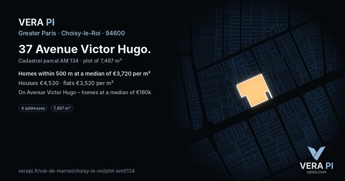 37 Avenue Victor Hugo, Choisy-le-Roi at night – the plot lit, the parcels around coloured by the prices near them